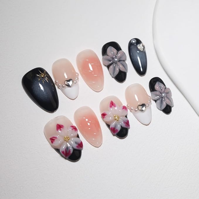 10 Short Almond Handmade Press On Nails | 3D Floral & Heart Accent Elegant Black & Nude Gradient False Nails,New styles | Skip Salon Trips, Easy to Apply & Remove, Reusable (251109, S)