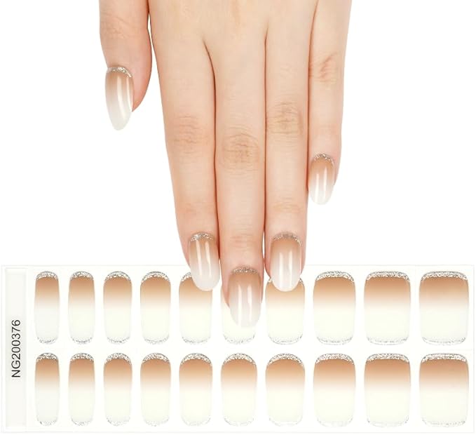 Semi Cured Gel Nail Strips 20 Pcs Gradient Brown Gel Nail Wraps,Salon Quality UV Light Required Nail Art Design Decoration Accessories