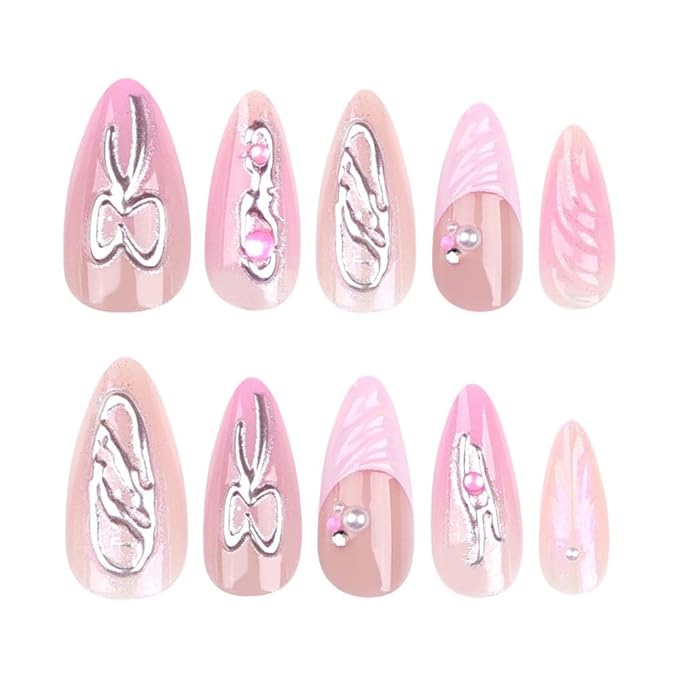 Handmade Press on Nails Medium Almond Fake Nails with Silver Bow Charm Design Pink French Tips Glue on Nails Pearl Water Ripple False Nails Glossy Reusable Summer Nails for Women Girls Manicure 24pcs
