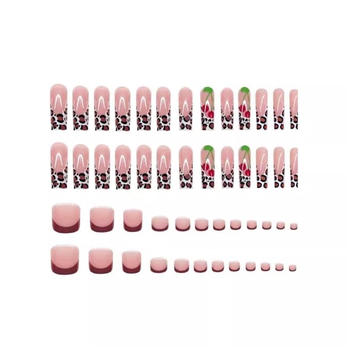 Red French Tips Press on Toenails Leopard Press on Nails Long Square Stick on Nails with Cherry Designs Glossy Skin Tones Fake Toenails Full Cover False Toenails for Women DIY Manicure 48Pcs