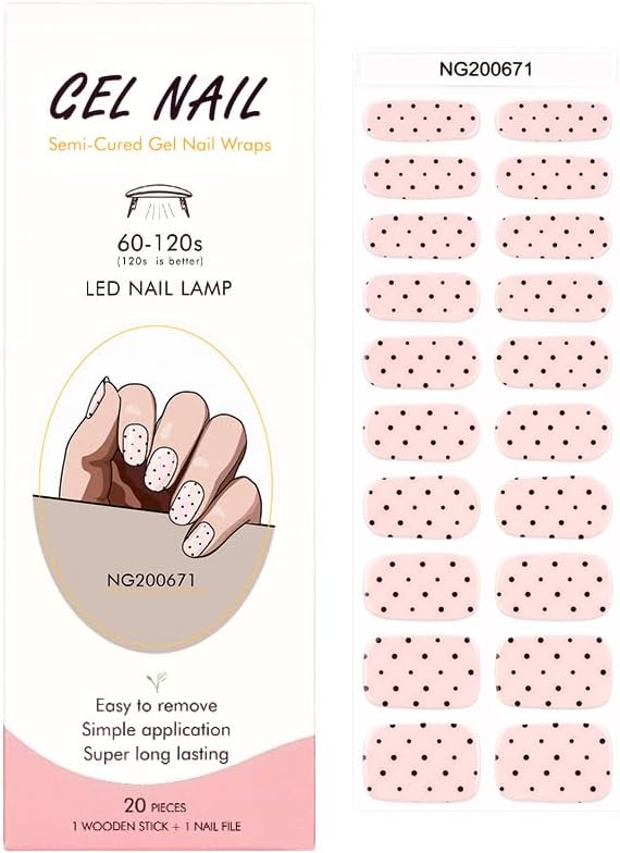 9 Sheets Black Leaf Nail Art Stickers 3D Self- Adhesive Pegatinas Uñas White Retro Flower Polka Dot Semi Cured Gel Nail Strips - 20Pcs Pink UV Gel Nail Wraps with Polka Dots Design