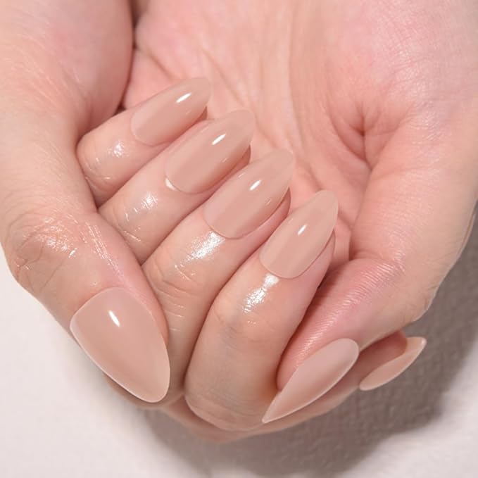 Nude Brown Jelly Press On Nails Short Almond, Glossy Design Acrylic Fake Nails with Full Cover Stick on Nails,Reusable Glue-On Stickers for Fashion False Nails for Women Gift