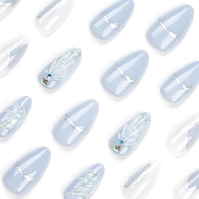 Handmade Press on Nails Medium Almond Fake Nails with Seashell Design Marble Glue on Nails Ocean Rhinestones False Nails Glossy Reusable Summer Stick on Nails for Women Girls Manicure 24pcs