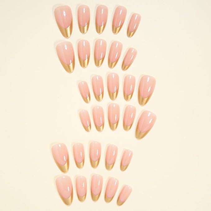 Gold French Tips Press on Nails Medium Almond Fake Nails Glossy Chrome False Nails Golden French Nail Tips Metal Acrylic Nails Full Cover Stick on Nail for Women Decoration 24Pcs