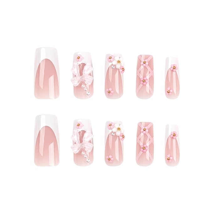 Pink Press on Nails Medium Long Square Rhinestone False Nails 3D Bow Charms Flower Glue on Nails White French Tips Fake Nails Press ons Glossy Reusable Fingernails for Women Girls Manicure 24pcs