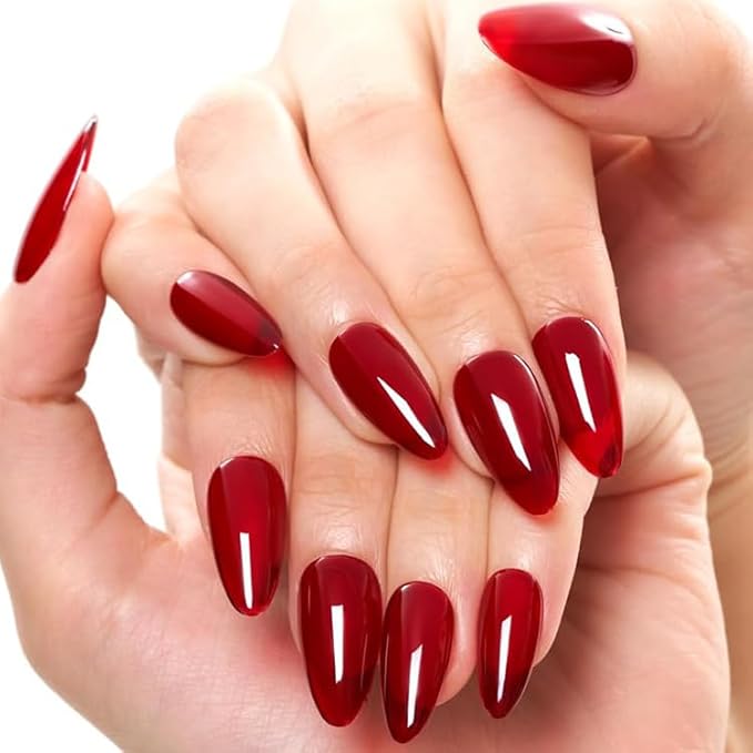 GLAMERMAID Ruby Red Press on Nails Medium Almond, Handmade Jelly Soft Gel Deep Dark Red Glue on Nails Stiletto, Burgundy Emo Fake Nails Short Oval, Reusable Acrylic Stick on False Nails Kit for Women