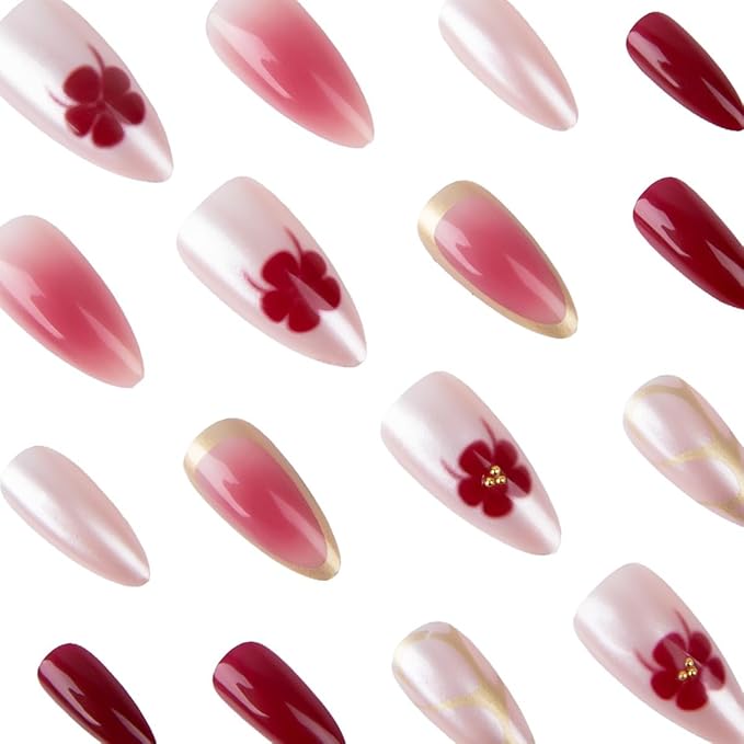Medium Press on Nails Almond - Red Fake Nails with Flower Gold Line Design - Glossy Full Cover Stick on Nails for Women Manicure 24 Pcs