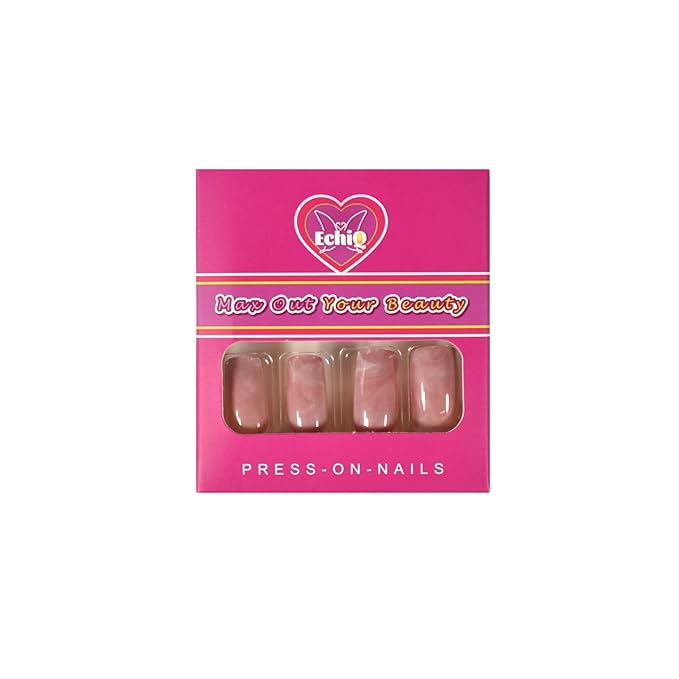 Shiny Pink Marble Artificial Nails Square Medium Size Fake Pre-designed Nail Art Kit for Women Wear Tool Z836