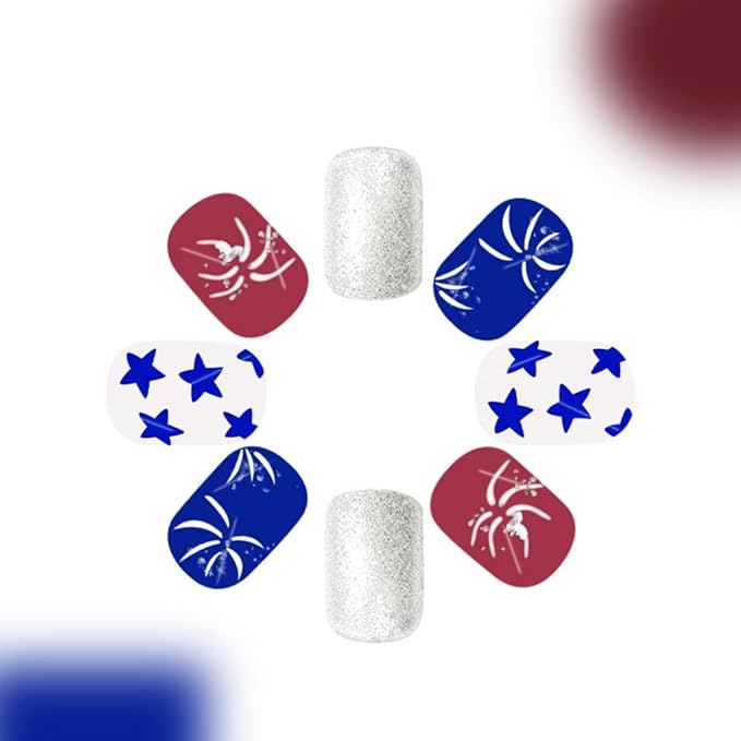 Independence Day Press on Nails Short Square Fake Nails with Star Designs Red Blue Fairworks False Nails Glitter Stick on Nail Striped 4th of July Acrylic Nail for Women Girls Manicure 24Pcs