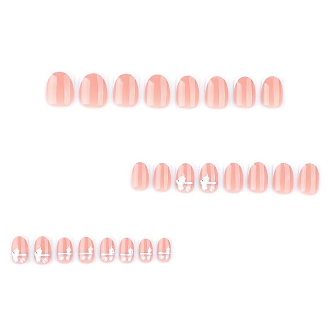 Fall Short Press On Nails Square Nude Fake Nails with White French Tips Delicately Adorned with White Flower Silver lines Fake Nails Gel Stick On Nails Set Glue on Nails for Women, 24Pcs