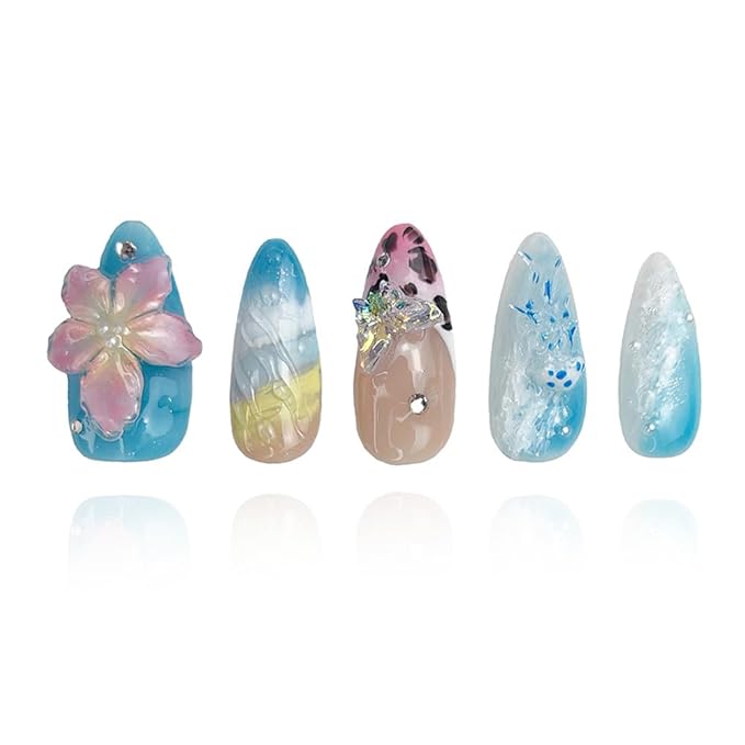 2025 Tide Kissed Pearl Sea Blue Press-On Nails Handmade PMMA Acrylic Reusable Tips with Box Gifts for Women (Tide Kissed, M)