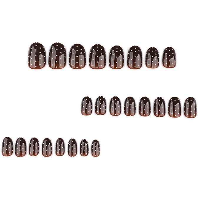 Brown Press on Nails Polka Dots Fake Nails Short Oval Fall Winter Nails Press ons with Design Full Cover Stick on Nails for Women Manicure,Reusable | Artificial | Nail Sticky Tabs | Easy Apply | 24Pcs