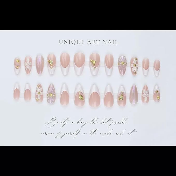 Medium Press on Nails Almond - French Tip Fake Nails with Shell Star Design - Flower False Nails Press ons - for Women 24 Pcs