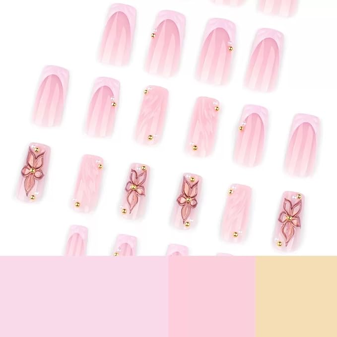 Medium Press on Nails Square - Pink French Tip Fake Nails with Flower Design - Summer Full Cover Stick on Nails for Women - 24 Pcs