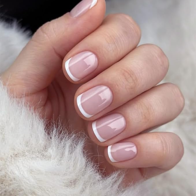 Press on Nails French Tip Fake Nails Short Square False Nails Press ons Cute Glossy Acrylic Nails Full Cover Nude Nature Glue on Nail for Women Nail Decoration 24Pcs