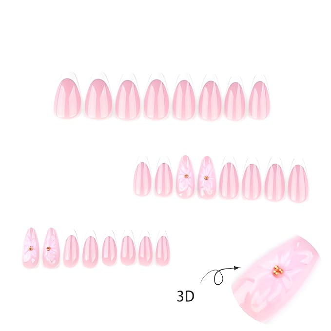 White French Tip Fake Nails Medium Almond Press on Nails 3D Flower Nails Press Ons with Rhinestones Design Glossy False Nails Glitter Glue on Nail Acrylic Stick on Nail for Women 24Pcs