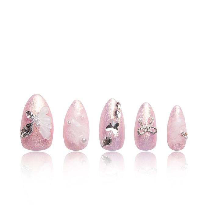 LOVFUL Press on Nails Sweet Swing | Handmade with Full Covered Crystals | Reusable Fake Nails | Almond Regular 1.0 in | H295-L