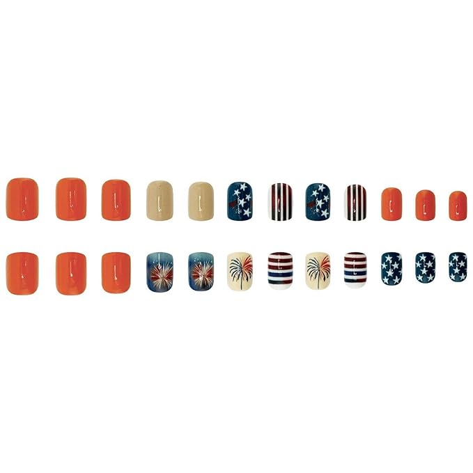 4th of July Press on Nails Short Square MABKJLF Fake Nails Fireworks Stars False Nails with Designs Full Cover Glossy Glue on Nails Blue Red White Acrylic Nails for Women Girls 24 Pcs