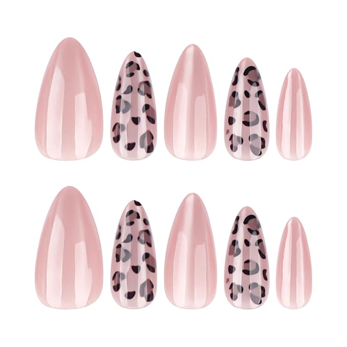Leopard Press on Nails Medium Almond Fake Nails Nude Cat Eye Nails Press ons with Design,Reusable & Easy Apply Full Cover Stick on Nails for Women Fall Winter Manicure 24Pcs