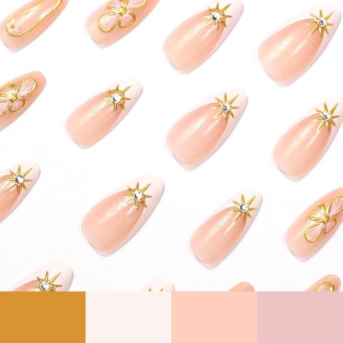 Flower Press on Nails Medium Almond Fake Nails French Tip False Nails Spring Floral Glossy Full Cover Acrylic Glue on Nail Cute Artificial Stick on Nail for Women Manicure Decoration 24Pcs