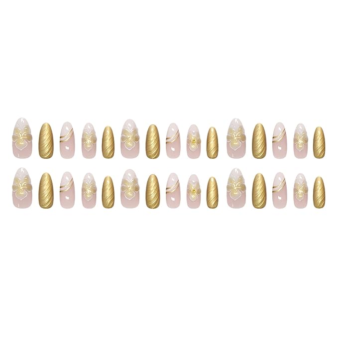 Flower Fake Nails Medium Almond Press on Nails Gold Nails Press Ons Glossy Full Cover False Nails with Rhinestones Design Acrylic Glue on Nail Reusable Stick on Nail for Women Decorations 24Pcs