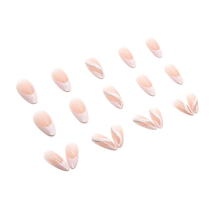 French Tip Press on Nails Almond Medium Fake Nails White French Tip False Nails with Glitter Swirl Design Glossy Full Cover Acrylic Glue on Nail Artificial Stick on Nails for Women Manicure 24Pcs