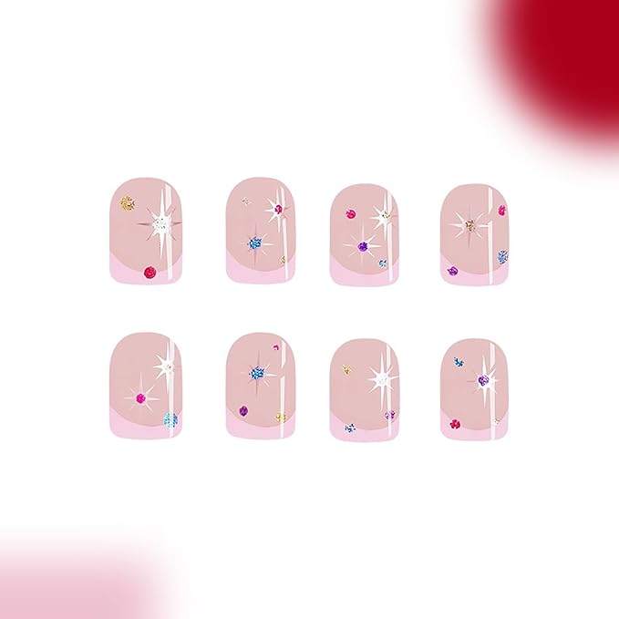 Press on Nails Extra Short Square MABKJLF Pink French Tip Fake Nails False Nails with Designs Colorful Stars Nude Pink Glossy Glue on Nails Cute Stick on Nails for Women Girls 24 Pcs