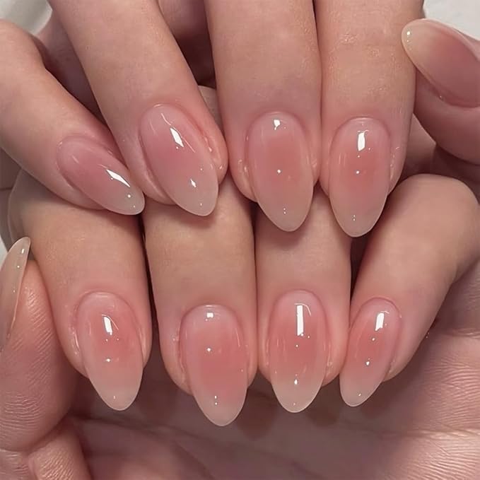 Pink Press on Nails Short Almond Fake Nails Press ons with Designs Ombre False Nails Acrylic Glossy Full Cover Cute Glue on Nails Artificial Reusable Stick on Nail for Women Manicure 24 Pcs