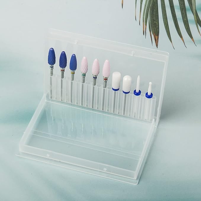 Feecy Nail Drill Bits Set Ceramic for Acrylic Nails Gel Polish Professional, 3/32 Inch Efile Nail Drill Bits Kit for Cuticle Safety Barrel Nail Art Tools with Holder, 10pcs (S10-B)
