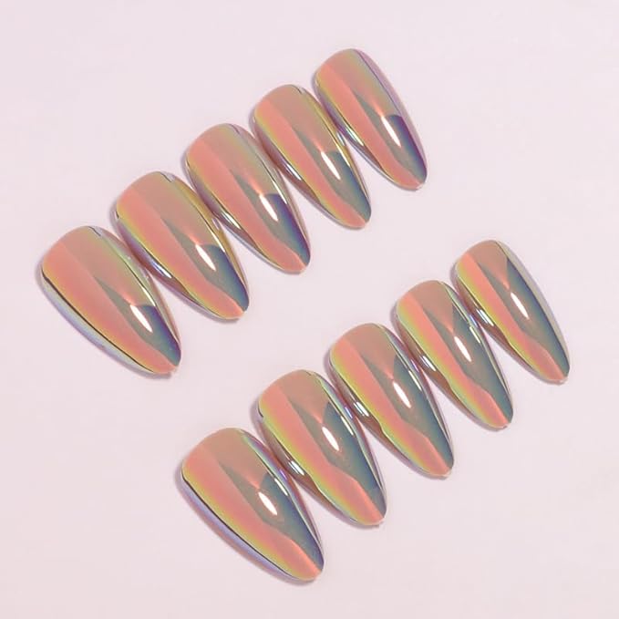 Chrome Press on Nails Almond Fake Nails Metal Mirror False Nails Glossy Medium Acrylic Nail Press ons Full Cover Holographic Shiny Glue on Nails for Women Girls Manicure 24Pcs