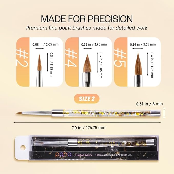 PANA 3D Kolinsky Nail Art Brush - Gold Glitter Handle, Size 2 - Acrylic Nail Art Sculpture Brush for Manicures Pedicure Salon Professional or Beginner