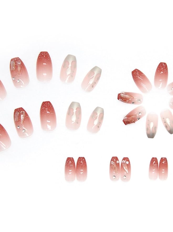 Press On Nails, Medium Length Red Translucent False Nails with Gold Rhinestones, Flame Diamond Texture False Nails for Women and Girls Fake Nails(with free toolkit)