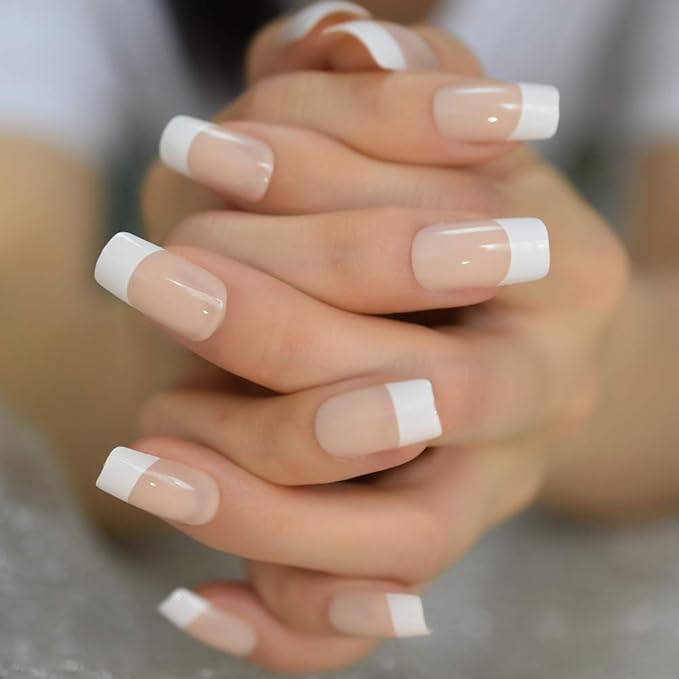 Fake Nails Medium Size Square Squoval Shape Predesigned Press on Nail (Nude French Nails)