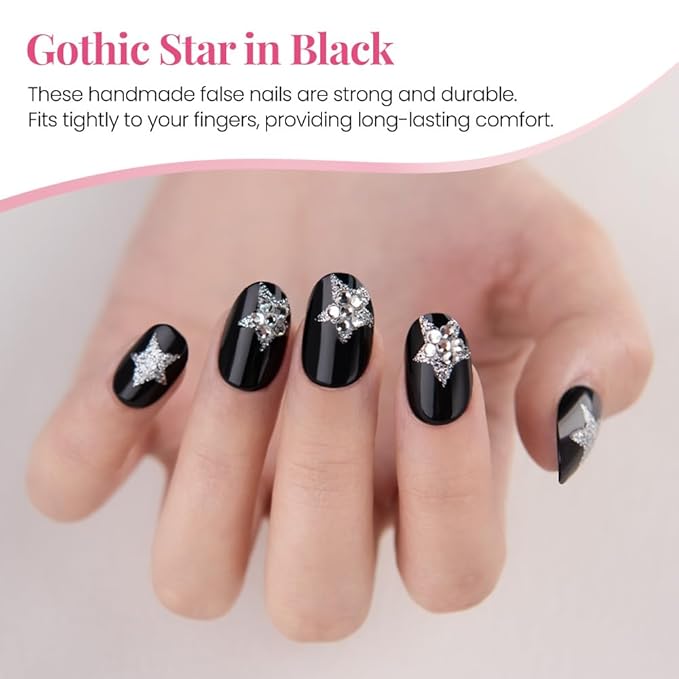 evpct Black Goth Cat Eye Short Press on Nails Oval, Short Oval Stick on Nail for Women Gift, Gothic Silver Star Metallic Glitter Glossy Reusable Spring Summer Press on Acrylic Fake Nail with Design