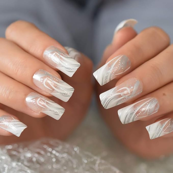 Square Fake Nails Long Length Predesigned False Nails (Clear white)