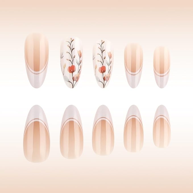 Medium Press on Nails Almond Fake Nails French False Nails White Artificial Nails with Floral Designs Acrylic Nail Press ons Cute Stick on Nails for Women 24pcs