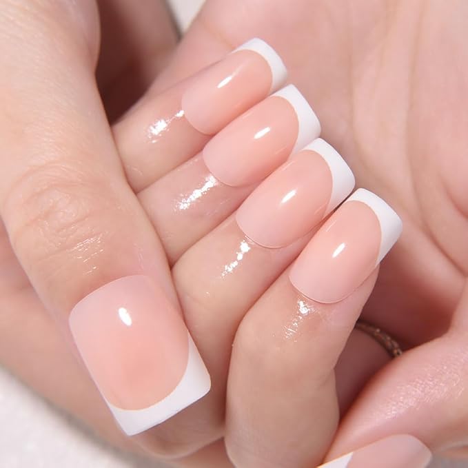 Nude+White French Tips Press on Nails, Short Square Acrylic Fake Nails Design, Natural Reusable Glue-On Nails Kit for Women DIY False Nail Art Decoration Gift, Salon Quality Reusable 32 Pcs