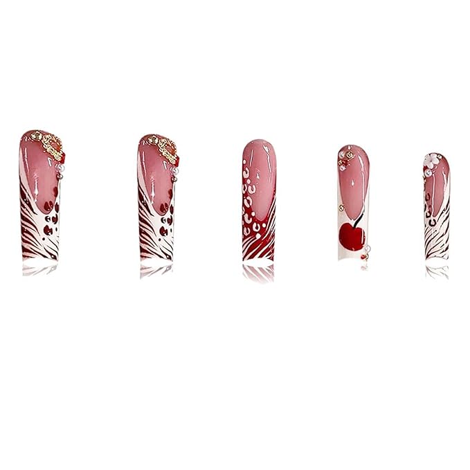 Long Square Press on Nails Xl Fake Nails Red White French Tip Glue on Nail with Cherry and Gold Heart Charm Y2k False Nails Glossy Full Cover Acrylic Nails for Women 24Pcs