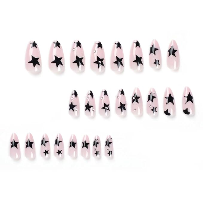 Press on Nails Almond - Medium Fake Nails with Black Star Design - Rhinestone, Nude False Nails Press ons - for Women 24 Pcs