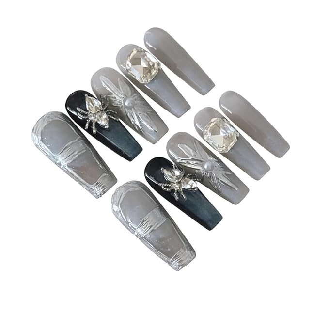 10pcsHandmade Press On Nails Luxury Spider Crystal Design, Reusable Fake Nail, Nail Gift Kit Set with Tools, Long Coffin Glossy Silver Black Rhinestone False Nails for Women(M)