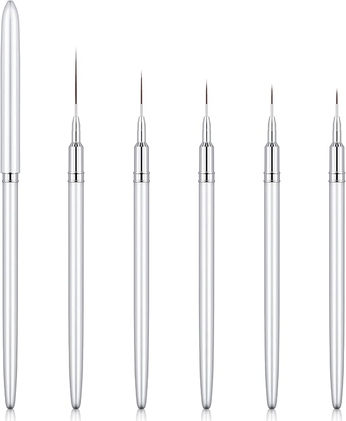 5PC Nail Art Brush Set - Long Lines, Liner, UV Gel Polish, Metal Handle, Sizes 7/9/11/15/25mm