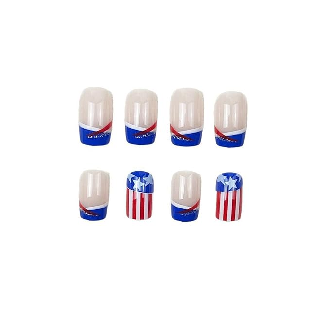 4th of July Press on Nails Medium Square MABKJLF Blue French Tip Fake Nails Stars False Nails with Stripes Glitter Designs Glossy Glue on Nails Acrylic Nails for Women Girls 24 Pcs