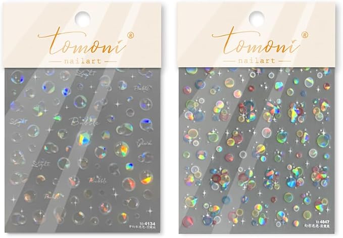 2Sheets Holographic Bubble Nail Art Stickers, Iridescent Circle Design Decals, Translucent White