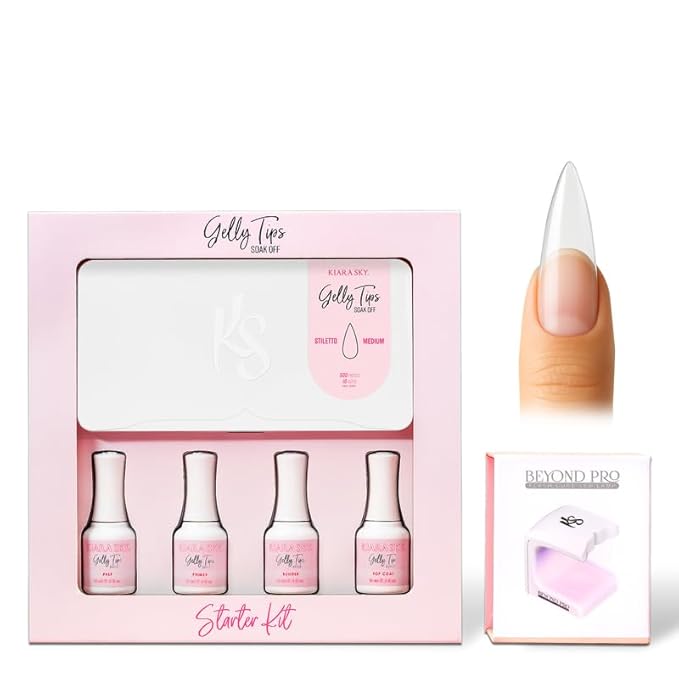 Kiara Sky Gelly Tips Starter Kit | Includes Prep, Primer, Builder, Top Coat, Tips | Stiletto Medium