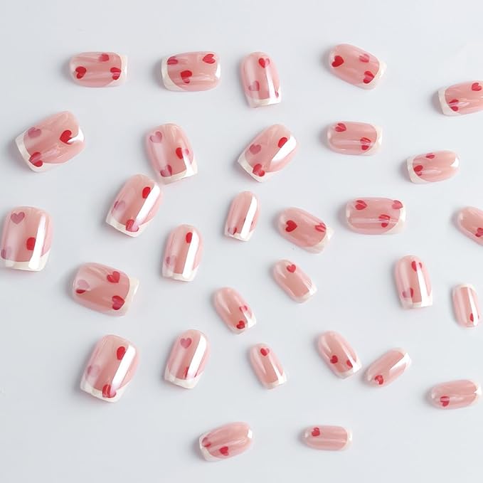 Valentines Press on Nails Short Square Fake Nails Chrome Nails Press ons with Red Love Heart Design Full Cover Stick on Nails for Women Manicure,Reusable | Glue Tabs | Easy Apply | 24Pcs