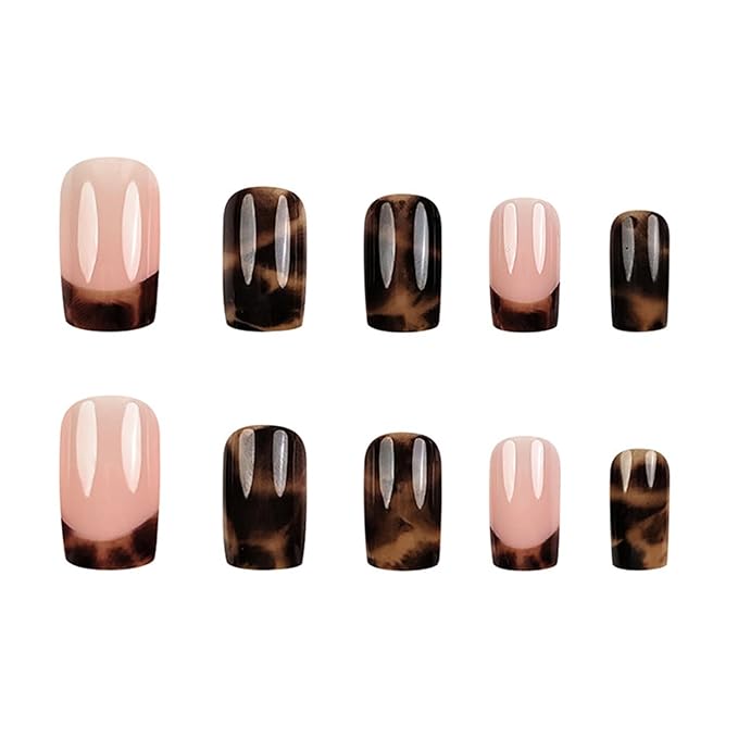 Brown Press on Nails Square Medium Fake Nails Leopard French Tip False Nails Gradient Glue on Nail Reusable Fall Acrylic Nails Full Cover Stick on Nail for Women Manicure 24Pcs