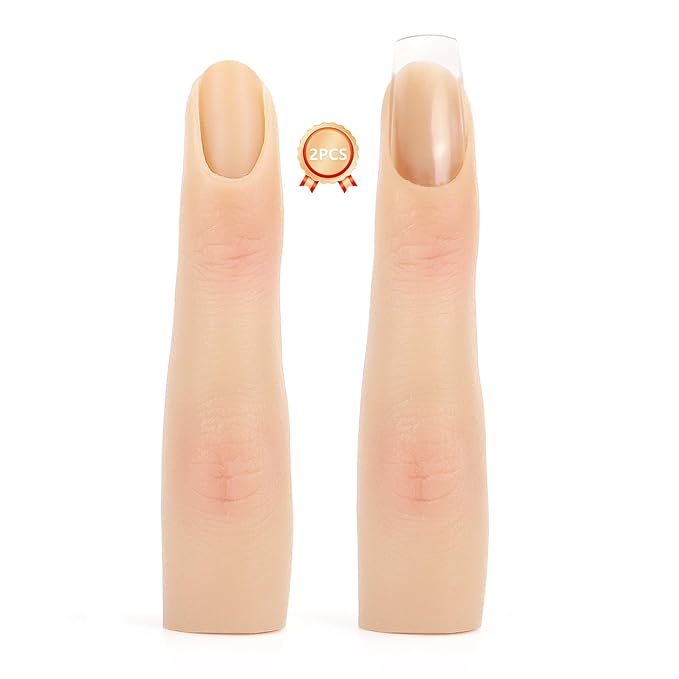 2 Pieces Silicone Practice Fingers for Acrylic Nails, Fake Training Hand Finger Model Flexible Bendable Mannequin Finger, Soft Realistic Joint Nail Practice Fingers with Makeup for Nail Art (Color 1)