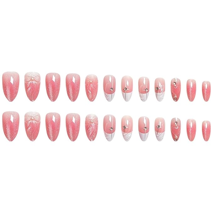 Almond Press on Nails Short Pink Fake Nails Cat Eye False Nails Finish Cute Glue on Nail French Tip Acrylic Nails Bow full Cover Stick on Nail for Women Manicure Nail Decoration 24Pcs