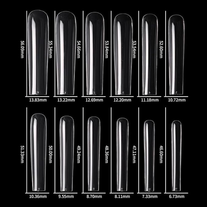 Acrylic 3XL Full Cover Square Nail Tips, 12 Sizes, 360pcs, Clear, Glossy Finish