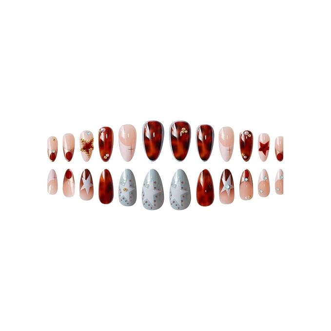 Almond Press on Nails Medium Length MABKJLF French Tip Fake Nails Amber False Nails with Stars Pearls Designs Stick on Nails Glossy Glue on Nails for Women Girls 24Pcs